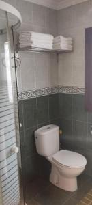 a bathroom with a toilet and a shelf with towels at Mar del Norte in Salamir +43 photos