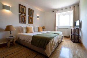 a bedroom with a large bed and a television at Casa das Jardas in Idanha-a-Nova