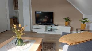 a living room with a tv and a vase on a table at Schöne Ferienwohnung in Münster