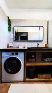 a bathroom with a washing machine and a mirror at Maison "Les Agathines" in Ronce-les-Bains