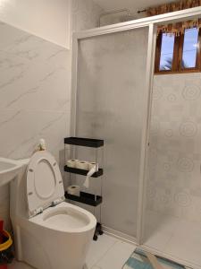 a bathroom with a toilet and a shower at Michael's Apartment in Moalboal