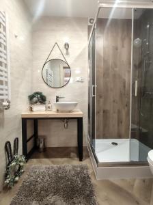 a bathroom with a sink and a shower with a mirror at Apartamenty Przy Rynku Szaflary in Szaflary