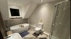 a bathroom with a tub and a toilet and a shower at Halekulani Devon Homestay in Torquay