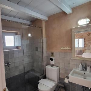 a bathroom with a toilet and a shower and a sink at Balcony&Tower in Areopolis