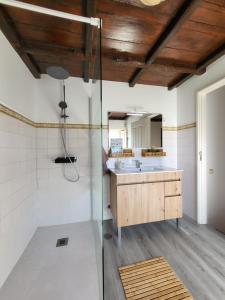 Torre de Santiago - Guest House في فيلا برايا دي أنكورا: حمام مع دش زجاجي ومغسلة