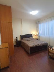 BEST7 two bedroom apt in UN Kazanchis area في أديس أبابا: غرفة نوم مع سرير في غرفة مع نافذة