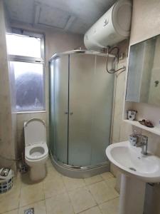 een badkamer met een douche, een toilet en een wastafel bij BEST7 two bedroom apt in UN Kazanchis area in Addis Ababa