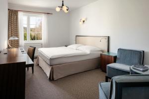 a bedroom with a bed and a desk and a chair at Hotel Adršpach in Adršpach