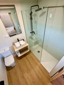 een badkamer met een douche, een toilet en een wastafel bij Alojamiento Rural La Alberca in Arguedas