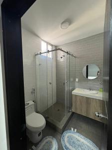 a bathroom with a shower and a toilet and a sink at Residencia Costa Y Mar in San Jacinto
