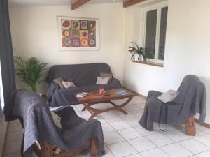 uma sala de estar com um sofá e uma mesa em Un havre de paix à la campagne près Vulcania em La Goutelle