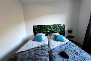 阿韦恩Les Naïades G30 - 2 bedrooms for 5 people !的房间里有两张床，还有蓝色枕头