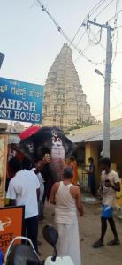 Un groupe de personnes debout devant un temple dans l'établissement Mahesh home stay, à Hampi