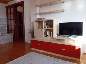 a living room with a tv and a red entertainment center at Vineyard cottage Tilka in Novo Mesto