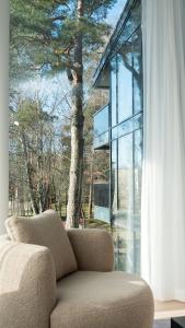 salon z kanapą i dużym oknem w obiekcie Holistic Skin & Wellness SPA Apartments w mieście Birsztany