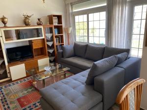 salon z kanapą i telewizorem w obiekcie Villa Blue Apartments w mieście Agia Triada