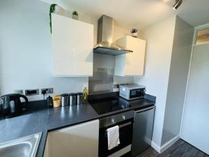 uma cozinha com um balcão preto e um lavatório em Modern & secluded home in Frenchay em Bristol