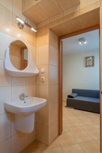 a bathroom with a sink and a mirror at Słoneczna Przystań (pokoje z łazienkami) in Dźwirzyno