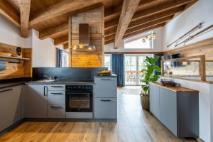 a kitchen with gray appliances and wooden ceilings at Turracher Zirbenlodges in Turracher Hohe