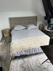 a bedroom with a bed with a headboard and a rug at LE BALI in Besançon