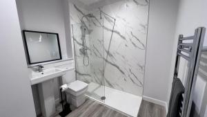 a bathroom with a shower and a toilet and a sink at St John's Apartments in Perth