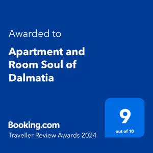 Certifikat, nagrada, logo ili neki drugi dokument izložen u objektu Apartment and Room Soul of Dalmatia