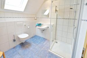 a bathroom with a shower and a toilet and a sink at Ferienweingut Ulrich Göbel in Ernst