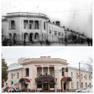 a black and white photo of a building at Hotel ВаYan in Shymkent