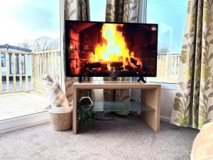 TV sentada en un stand con chimenea en Impeccable 2-Bed Lodge in Preston hot hub, en Preston