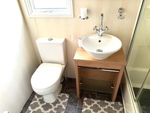 Baño pequeño con aseo y lavamanos en Impeccable 2-Bed Lodge in Preston hot hub, en Preston