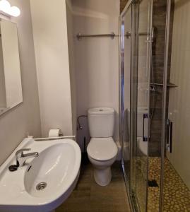a bathroom with a toilet and a sink and a shower at Apartamentos Wundermar in Torredembarra