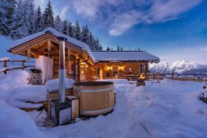 Cabaña de madera con bañera de hidromasaje en la nieve en Almchalet zu Pruggern bey FeWo-PLAN STEP100, en Pruggern