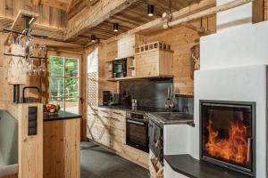 a kitchen with a fireplace in a log cabin at Almchalet zu Pruggern bey FeWo-PLAN STEP100 in Pruggern