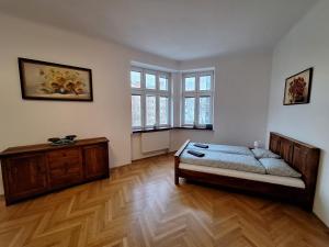 um quarto com uma cama, uma cómoda e janelas em Apartmán Sarlot (13) em Bratislava