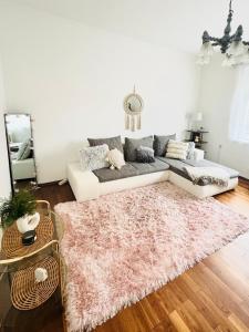 sala de estar con sofá y alfombra en Apartman Classy Pécs, en Pécs