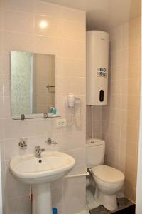 uma casa de banho com um lavatório, um WC e um espelho. em гостиница Павлодар em Pavlodar