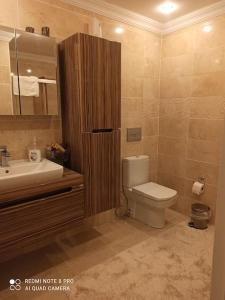 a bathroom with a toilet and a sink at Müstakil havuzlu deniz manzaralı villa in Foca