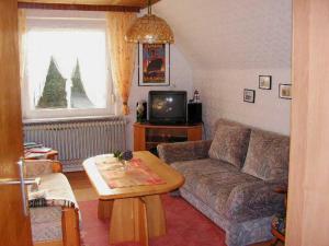 a living room with a couch and a tv at Appartements im Moormerland in Warsingsfehn