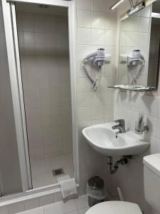 a bathroom with a shower and a sink and a toilet at Schwanen-Resort in Baiersbronn