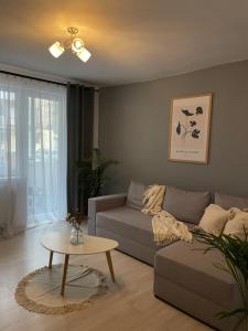 sala de estar con sofá y mesa en Cozy Apartment Sfanta Vineri Zalau en Zalău