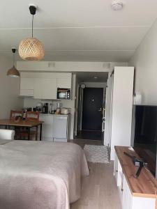 una camera con letto e una cucina con televisore di Ingas, Espoo- Whole apartment a Espoo