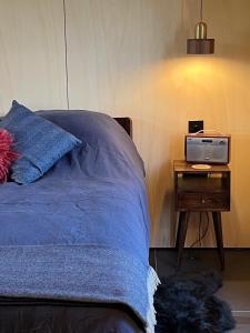a bedroom with a bed and a nightstand with a radio at Tillyfruskie Farm Cabin in Banchory