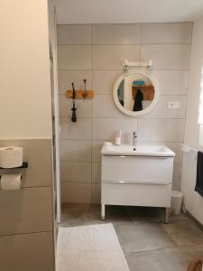 een badkamer met een wastafel en een spiegel bij Gîte les petits chemins in Ledeuix