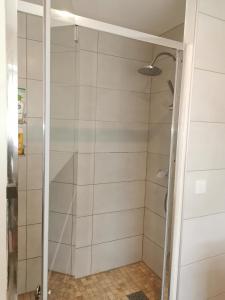 eine Dusche mit Glastür im Bad in der Unterkunft Gîte les petits chemins in Ledeuix