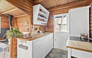 cocina con armarios blancos y nevera en 2 Bedroom Lovely Home In Frederiksvrk, en Frederiksværk