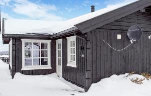 a wooden cabin in the snow with a balloon at Pet Friendly Home In Engerdal With Kitchen 