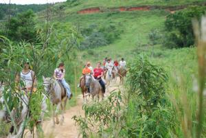 un grupo de gente montando caballos por un camino de tierra en Hotel Fazenda Villa-Forte en Engenheiro Passos