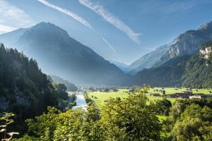 Blick auf ein Tal mit Fluss und Berge in der Unterkunft Schlafen im Fass - Schlaffass - Abenteuer - Romantik - Haslifass in Innertkirchen