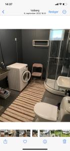 a bathroom with a toilet and a washing machine at Liten leilighet med to soverom in Valberg