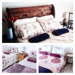 a collage of three pictures of a bed with pillows at Biedouw Padstal & Toerisme in Clanwilliam